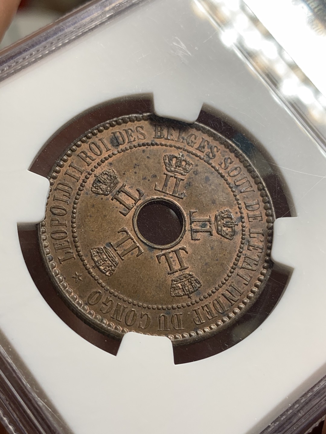 《竞宝斋》第75场-本周日，周一2场连拍（全场不限金额包邮） NGC-MS62 比属刚果 1888年 大五星 发财包浆发财年份 铜币