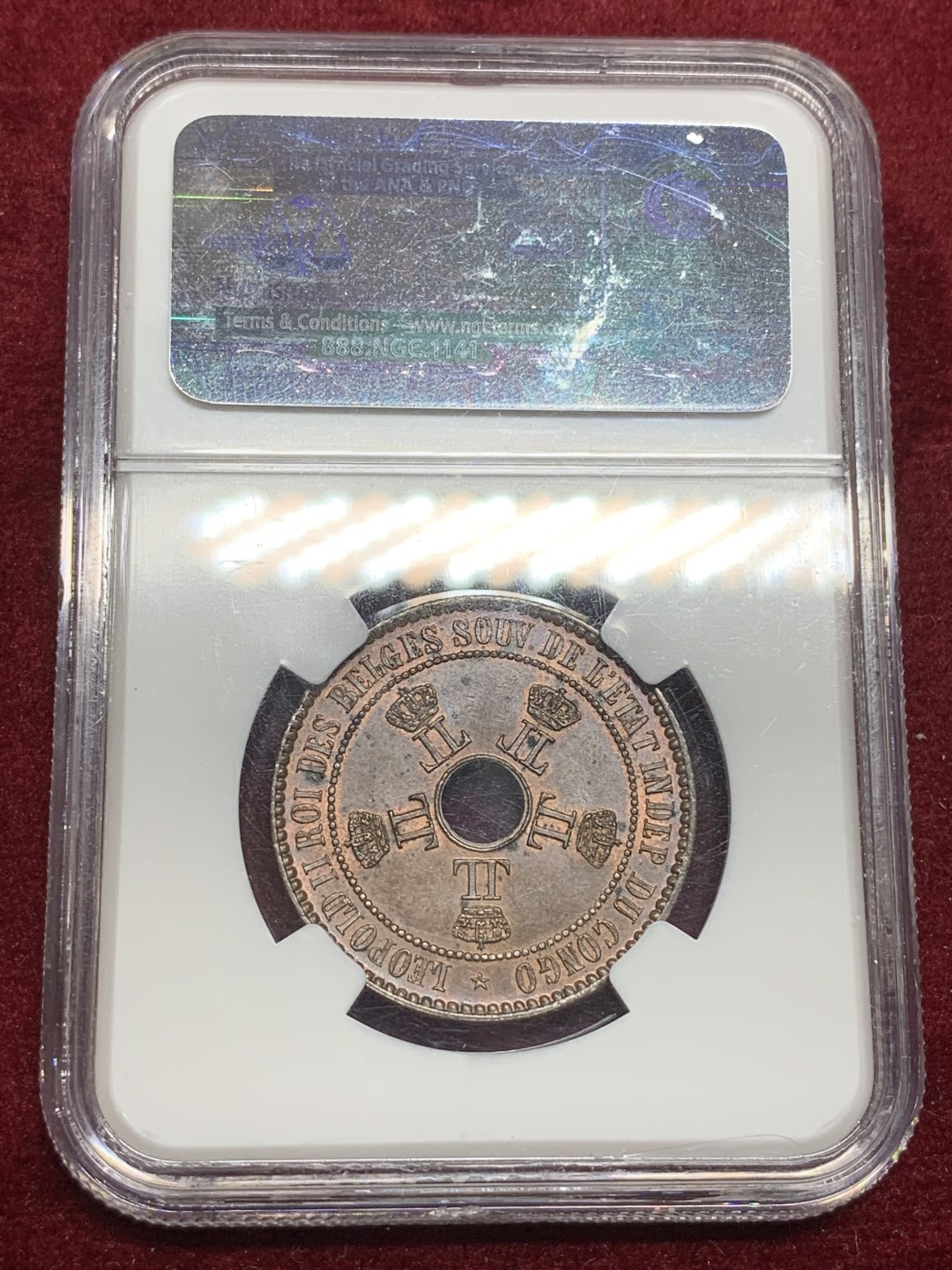 《竞宝斋》第75场-本周日，周一2场连拍（全场不限金额包邮） NGC-MS62 比属刚果 1888年 大五星 发财包浆发财年份 铜币