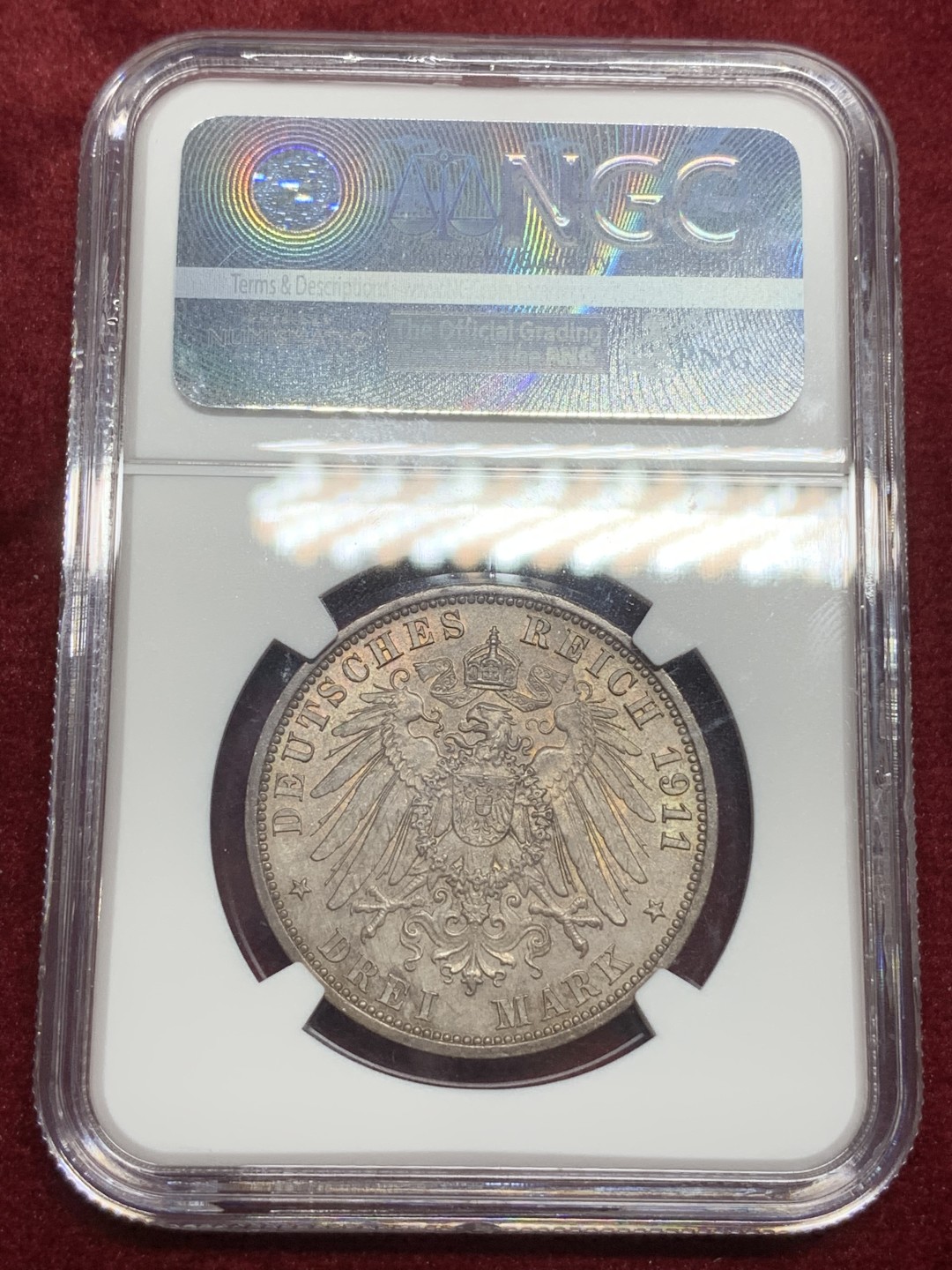 《竞宝斋》第75场-本周日，周一2场连拍（全场不限金额包邮） NGC MS66 德国 1911年 绍姆堡利普 三马克，顶级品相，丝滑原光