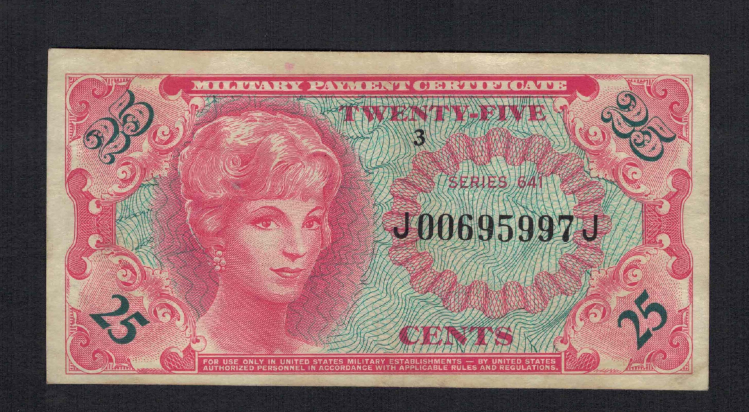 美国军票(支付券)1965年25分 无4 P-M59 实物图 八五品