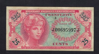 美国军票(军队支付券)1965年25分 无4 克劳斯P-M59 实物图 八五品  - 美国军票(军队支付券)1965年25分 无4 克劳斯P-M59 实物图 八五品 