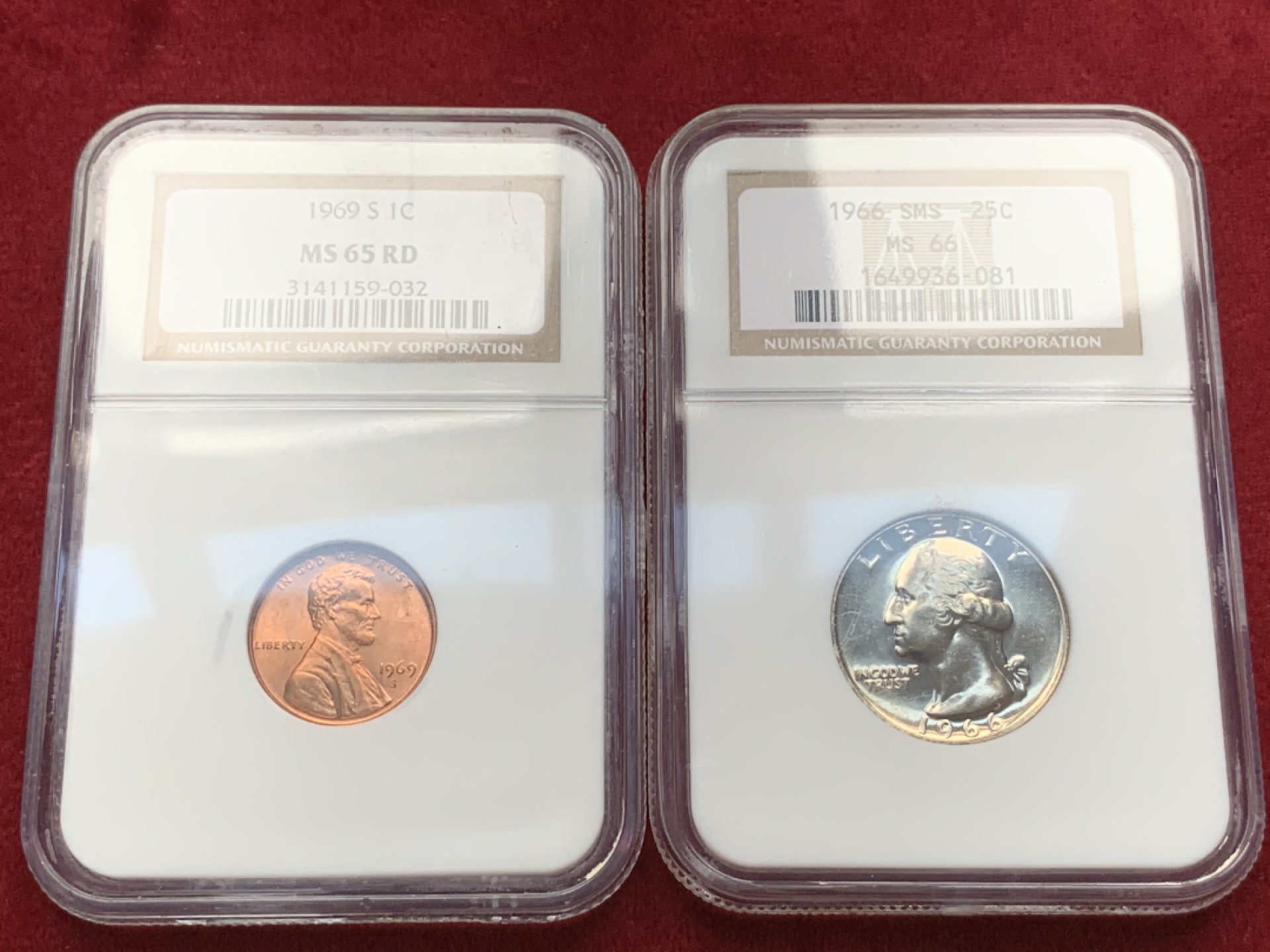《竞宝斋》第75场-本周日，周一2场连拍（全场不限金额包邮） NGC高分老盒一对 MS65 漂亮国 1969S 1C + MS66 1966-SMS 25C 老盒严评高分难得！