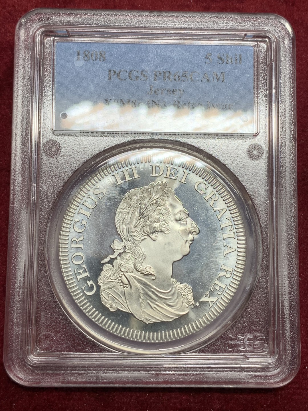 《竞宝斋》第75场-本周日，周一2场连拍（全场不限金额包邮） 英属泽西“1808”年乔治三世5先令 后铸版，PCGS-PR65CAM，季军分，上面只有2个67，一个66。