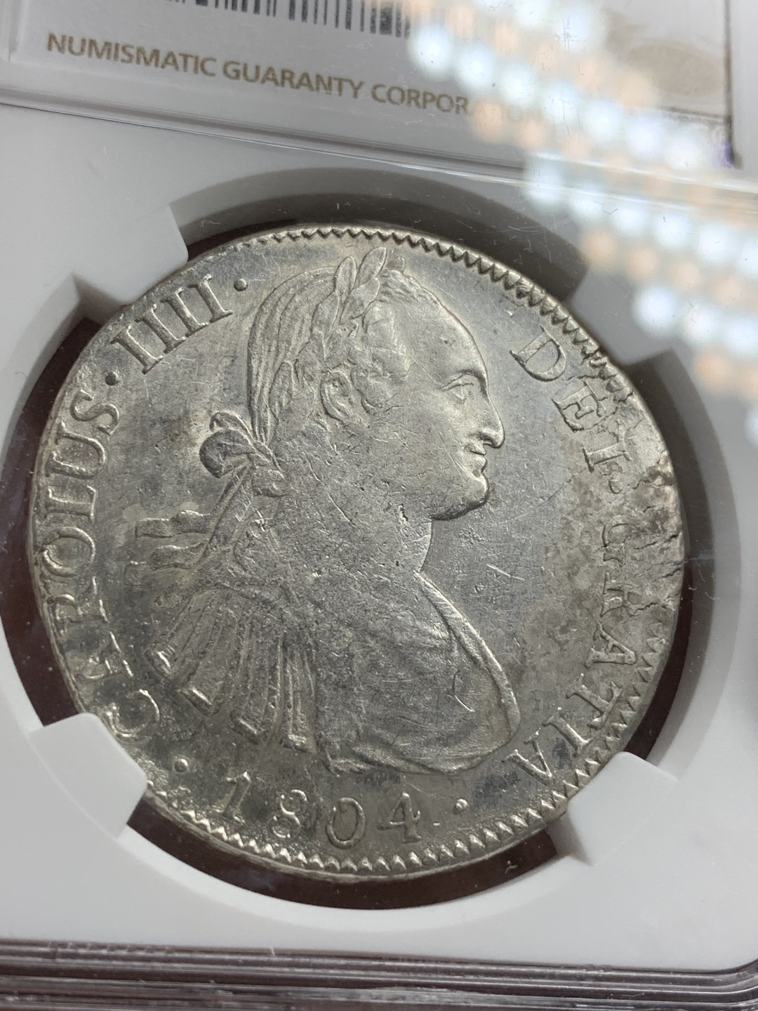 《竞宝斋》第75场-本周日，周一2场连拍（全场不限金额包邮） NGC-AUD 墨西哥双柱 卡洛斯四世 1804年8里亚尔 原光深打 经济实惠