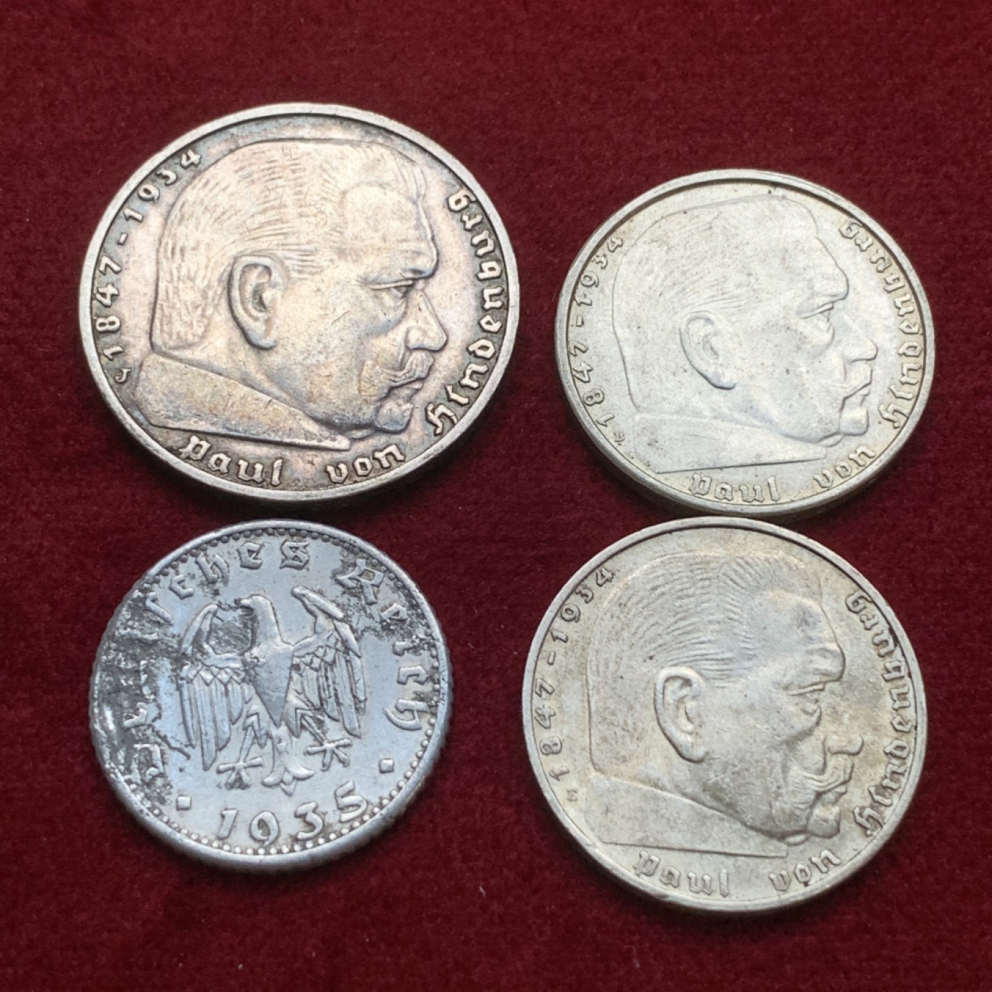 《竞宝斋》第75场-本周日，周一2场连拍（全场不限金额包邮） 德国 3银1铝四枚一组 原味2马克银币2枚，5马克银币1枚，50芬妮1一枚 状态见图