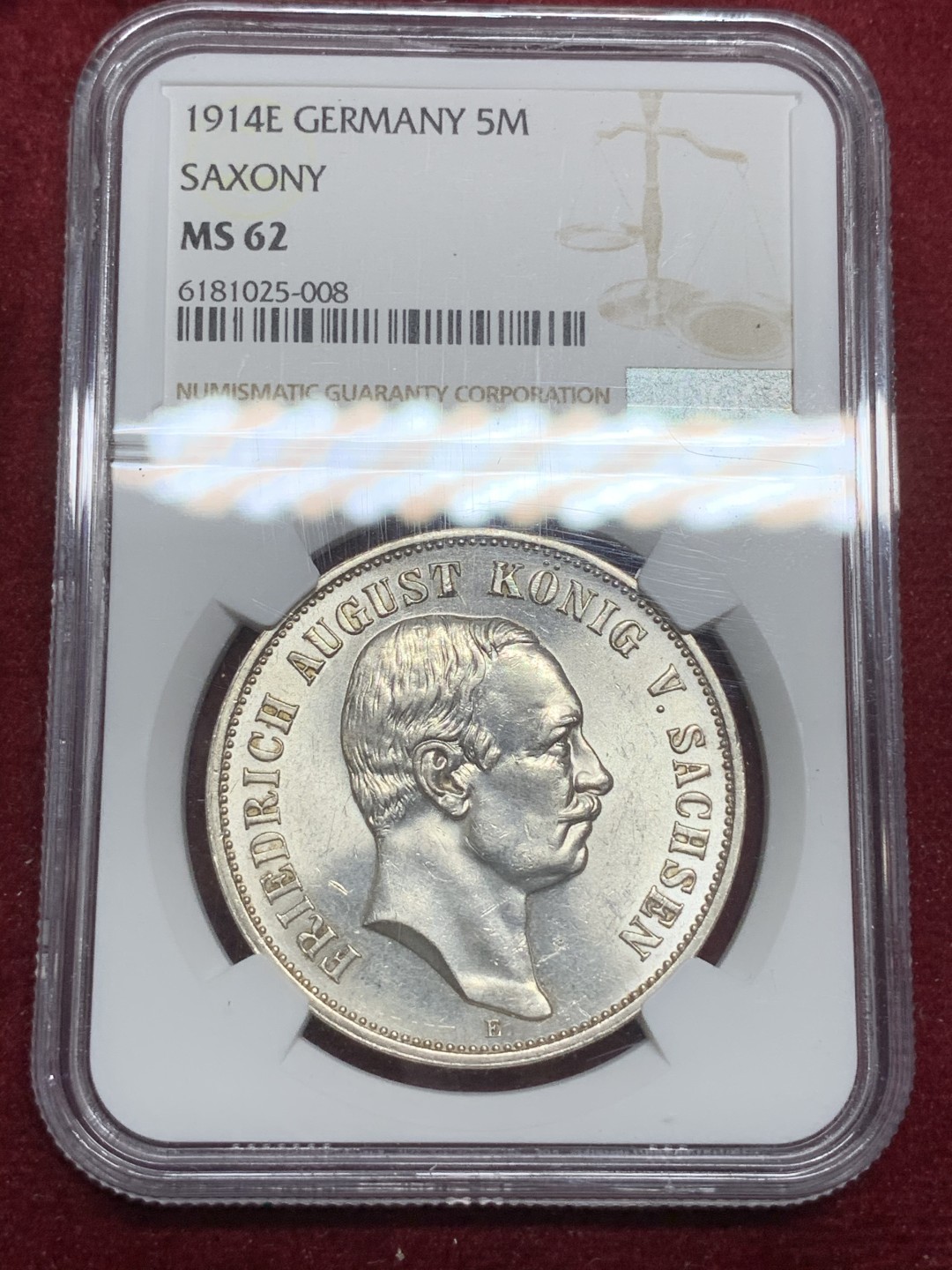 《竞宝斋》第75场-本周日，周一2场连拍（全场不限金额包邮） NGC-MS62 德国萨克森 1914E年 5马克 大银币 好品原光