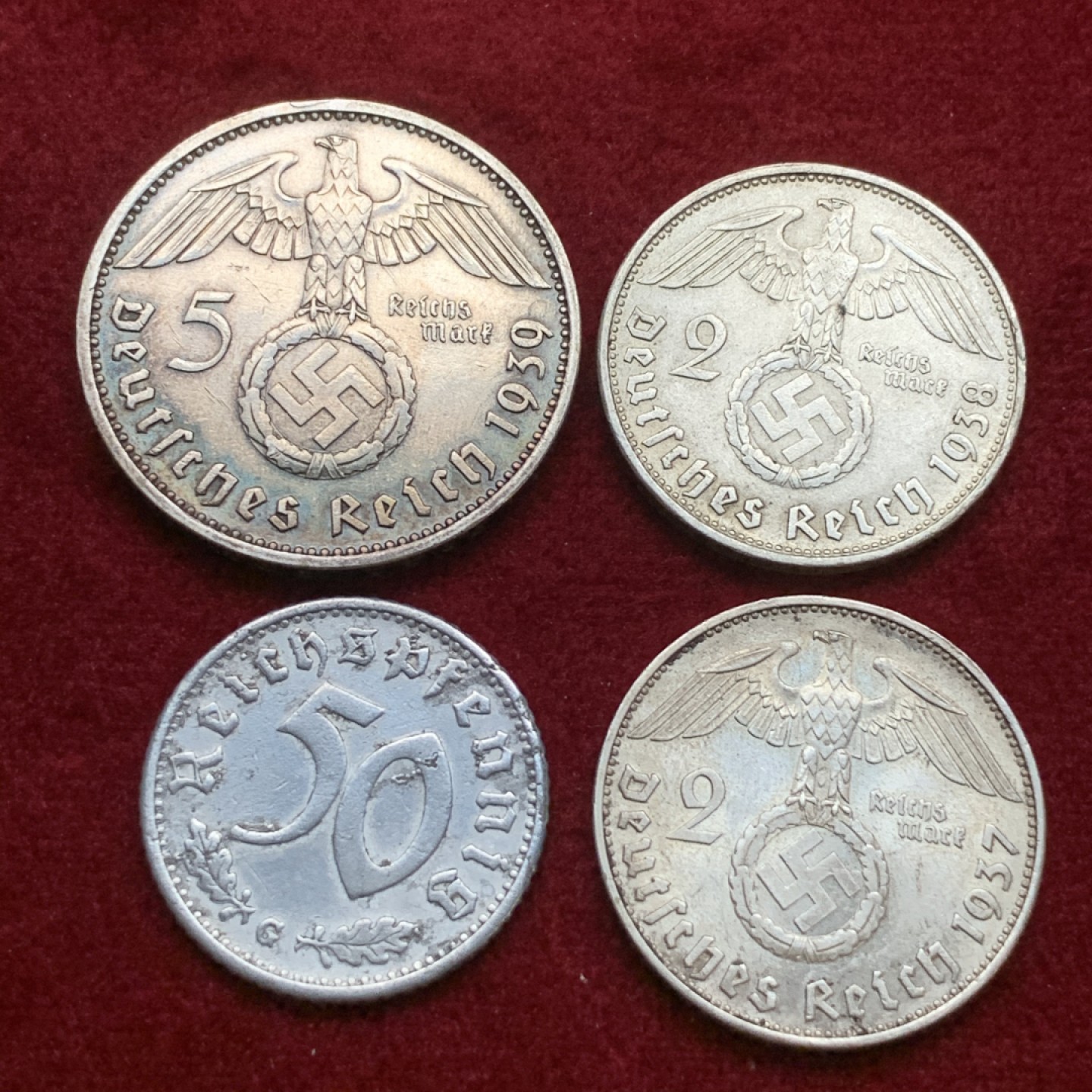 《竞宝斋》第75场-本周日，周一2场连拍（全场不限金额包邮） 德国 3银1铝四枚一组 原味2马克银币2枚，5马克银币1枚，50芬妮1一枚 状态见图