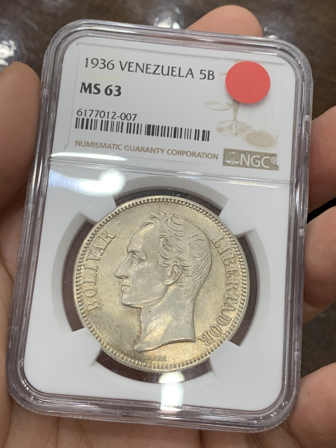 《竞宝斋》第75场-本周日，周一2场连拍（全场不限金额包邮） NGC-MS63 委内瑞拉 1936年 西蒙波立瓦 5B大银币 顶级品相 这品种平时多见XF品