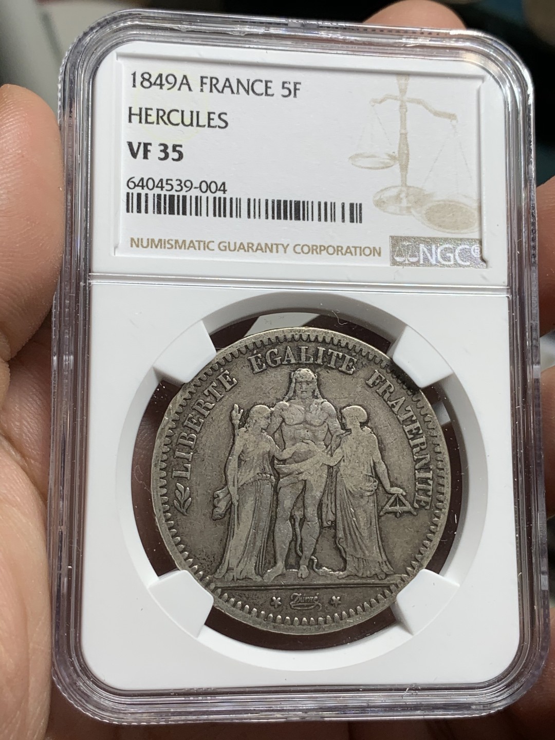 《竞宝斋》第75场-本周日，周一2场连拍（全场不限金额包邮） NGC-VF35 法国 1849A年 早期大力神 5法郎 大银币 出分难得