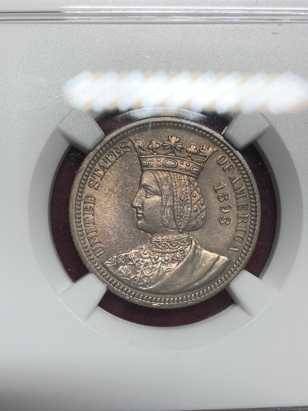 《竞宝斋》第75场-本周日，周一2场连拍（全场不限金额包邮） NGC MS62 原光五彩美国1893年伊莎贝拉25美分纪念银币