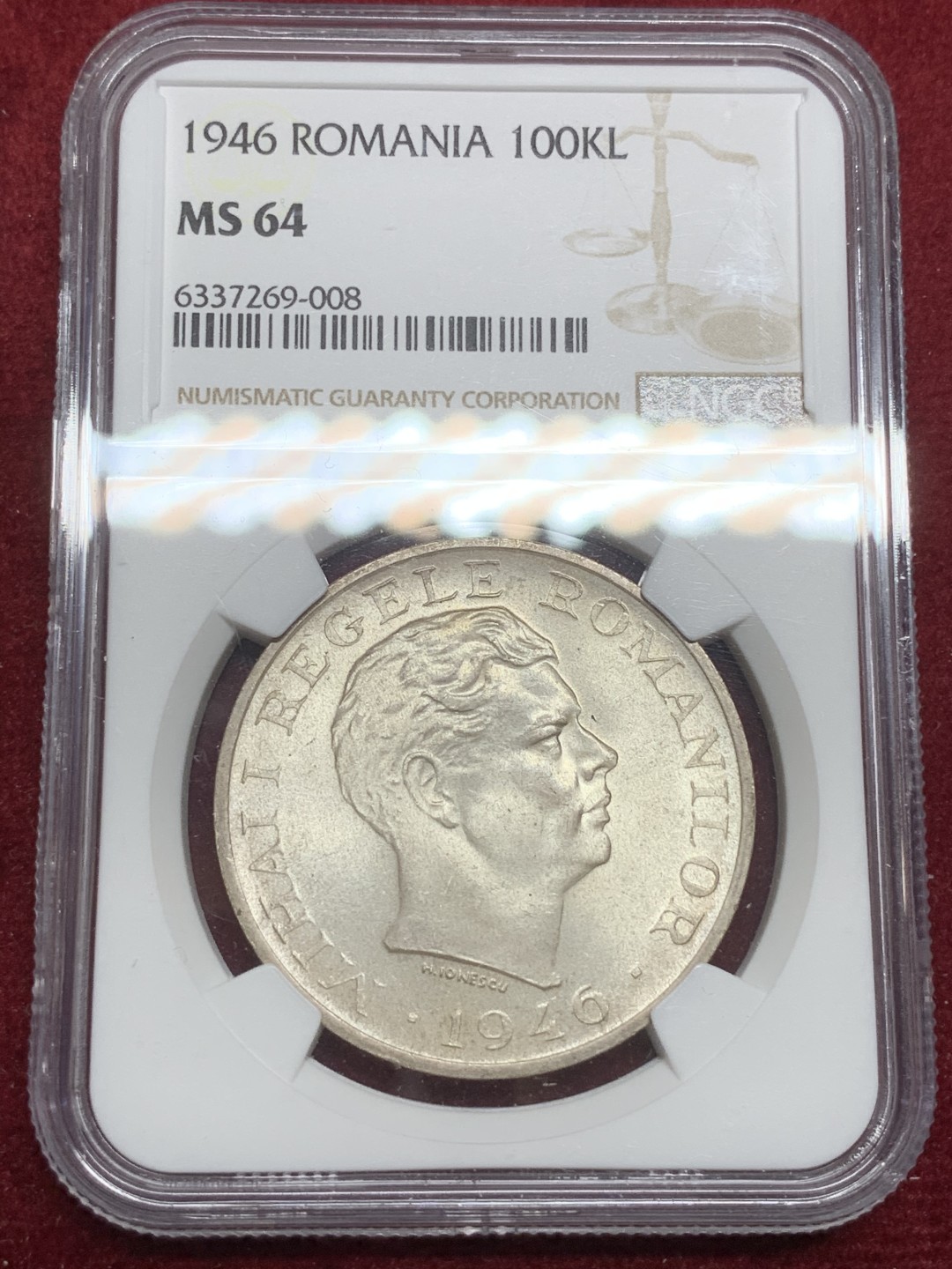 《竞宝斋》第75场-本周日，周一2场连拍（全场不限金额包邮） NGC-MS64 罗马尼亚 1946年 100000列伊 大银币 顶级品相粉光