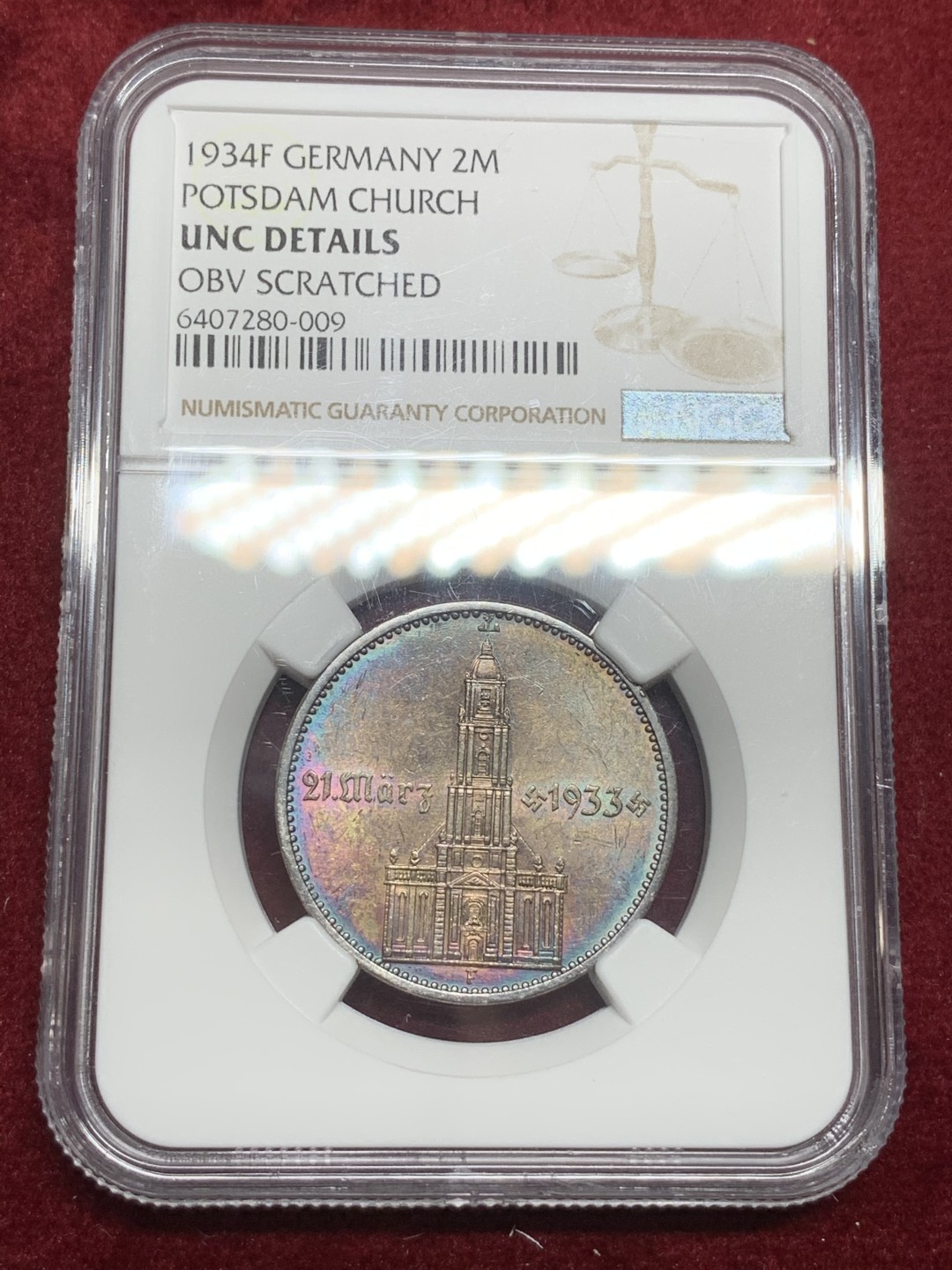 《竞宝斋》第75场-本周日，周一2场连拍（全场不限金额包邮） UNCD 德国 1934年 执政党周年纪念 教堂加字5马克银币 七彩包浆 转光好品 加字教堂较少见