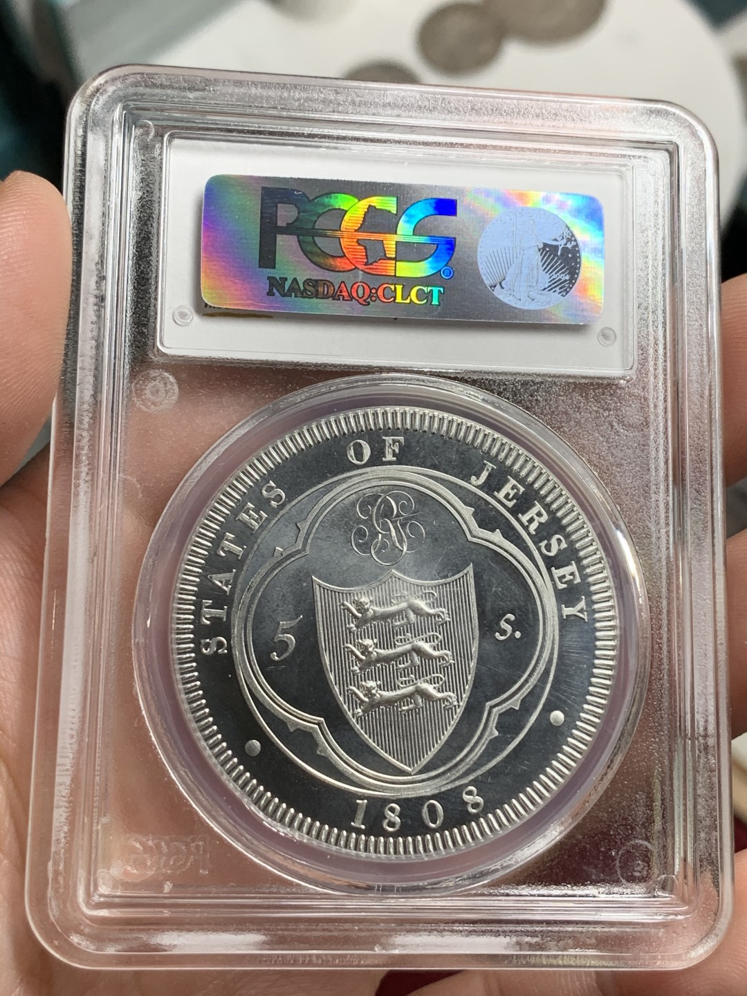 《竞宝斋》第75场-本周日，周一2场连拍（全场不限金额包邮） 英属泽西“1808”年乔治三世5先令 后铸版，PCGS-PR65CAM，季军分，上面只有2个67，一个66。