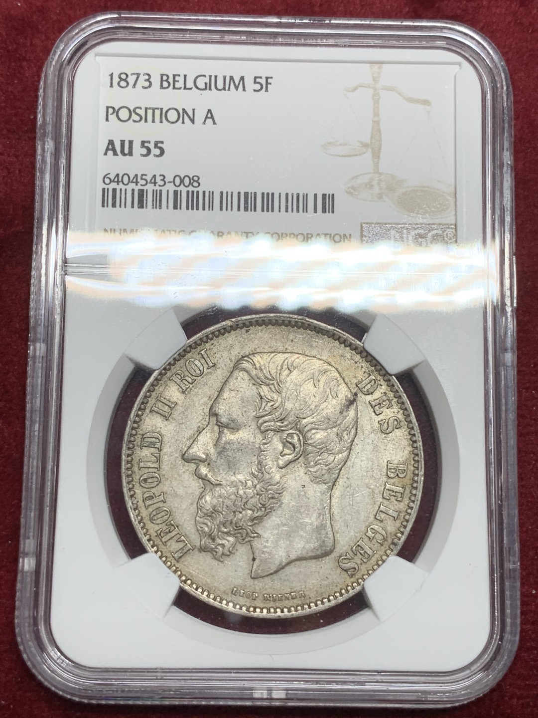 《竞宝斋》第75场-本周日，周一2场连拍（全场不限金额包邮） NGC-AU55 比利时1873年 利奥波德二世 5法郎 大银币 带底光好状态