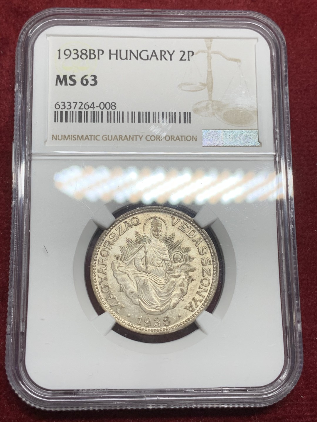 《竞宝斋》第75场-本周日，周一2场连拍（全场不限金额包邮） NGC-MS63 匈牙利 1938年 圣母抱婴 2潘果银币 顶级品相