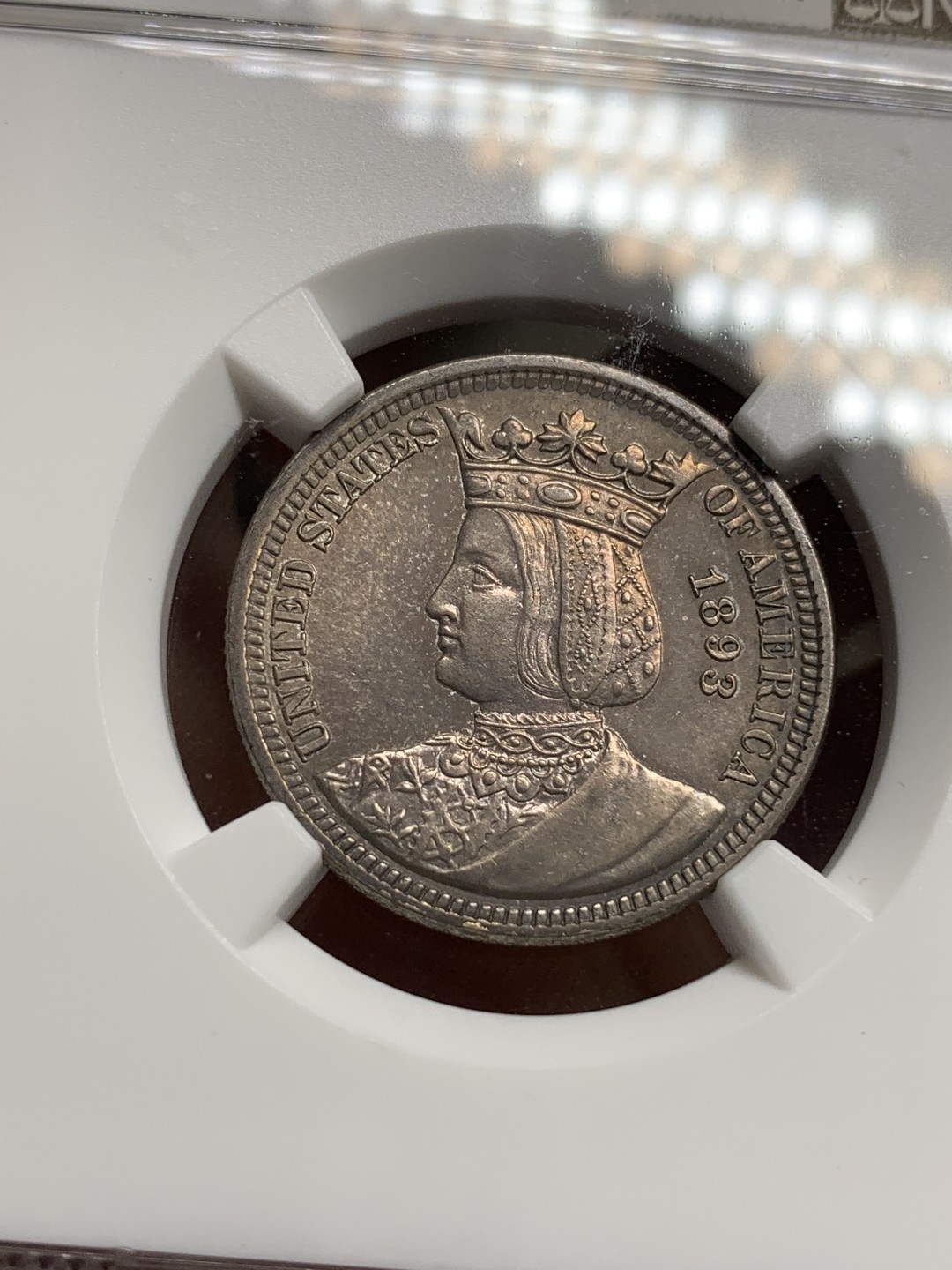 《竞宝斋》第75场-本周日，周一2场连拍（全场不限金额包邮） NGC MS62 原光五彩美国1893年伊莎贝拉25美分纪念银币