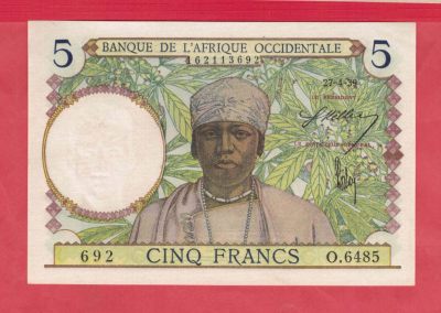 法属西非5法郎 1939年 无47 欧洲纸币 实物图 UNC - 法属西非5法郎 1939年 无47 欧洲纸币 实物图 UNC