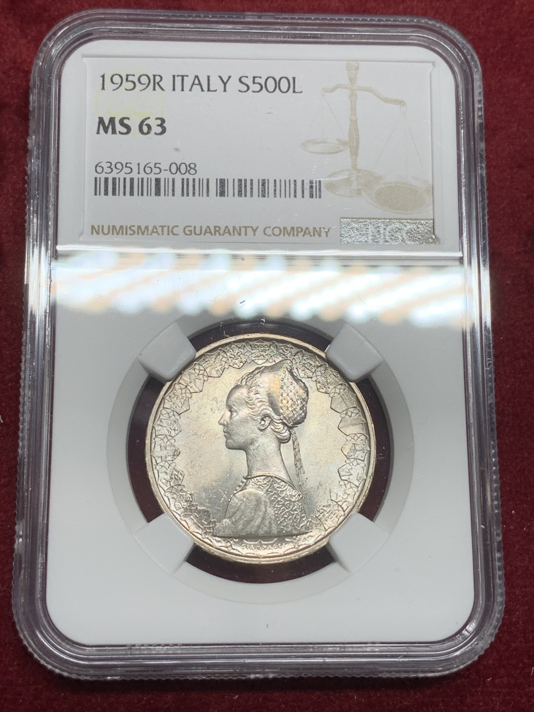 《竞宝斋》第75场-本周日，周一2场连拍（全场不限金额包邮） NGC-MS63 意大利 1959年 早期年份帆船 500里拉银币 完美车轮光