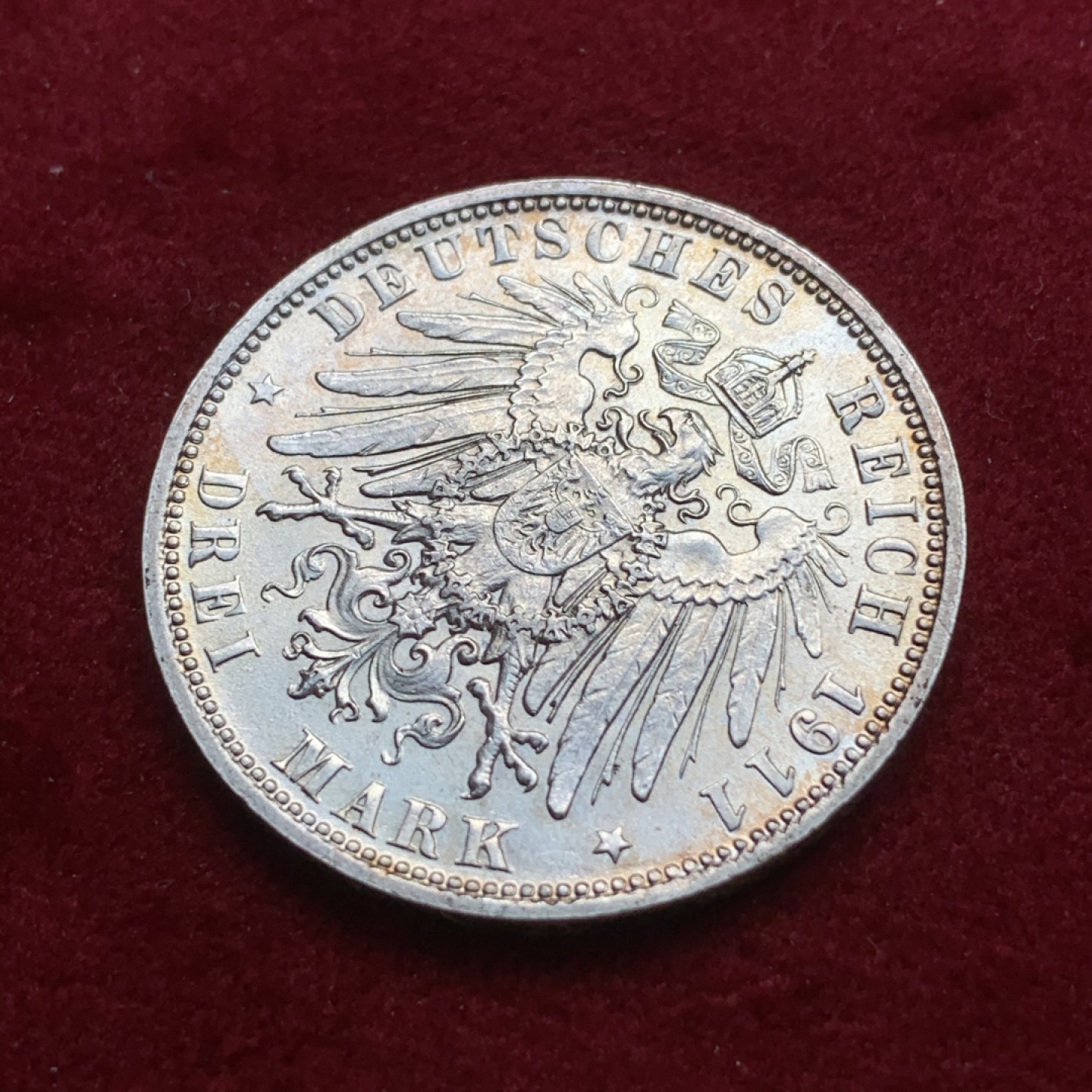 《竞宝斋》第75场-本周日，周一2场连拍（全场不限金额包邮） 1911年 德国巴伐利亚3马克 底板不错 背面底光充沛 AU状态 