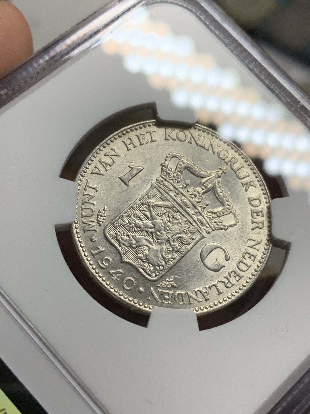 《竞宝斋》第75场-本周日，周一2场连拍（全场不限金额包邮） NGC-MS62 荷兰1940年 威廉米娜女王 1盾银币 转光好品