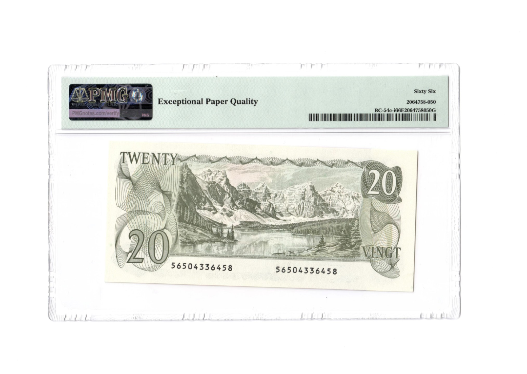 收藏联盟Quantum Auction 第176期拍卖 加拿大1979年20元 PMG66  背面是北美“脊梁”洛基山脉