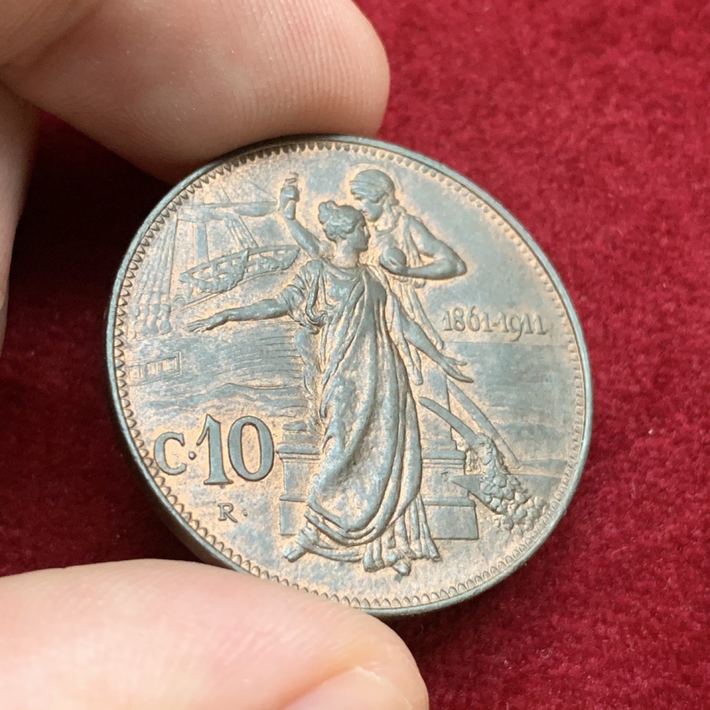 《竞宝斋》第75场-本周日，周一2场连拍（全场不限金额包邮） UNC 带光 意大利1911年 建国10分，意大利币艺术性巅峰之作