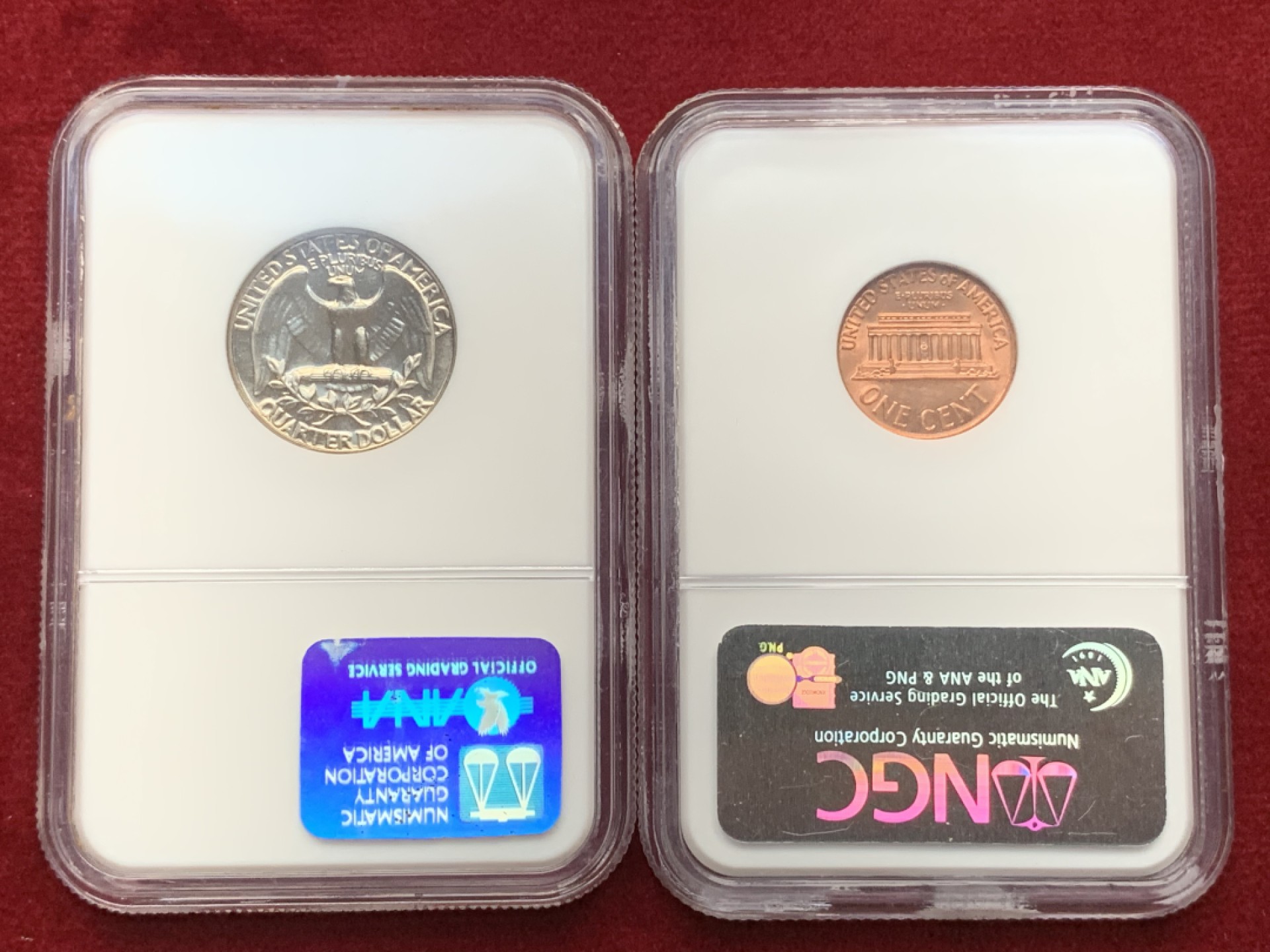 《竞宝斋》第75场-本周日，周一2场连拍（全场不限金额包邮） NGC高分老盒一对 MS65 漂亮国 1969S 1C + MS66 1966-SMS 25C 老盒严评高分难得！