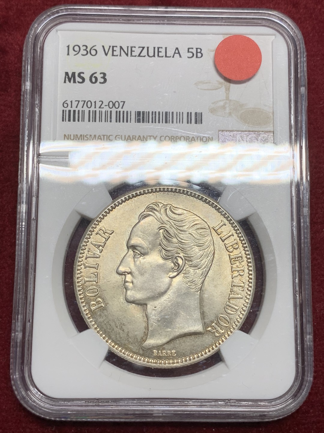 《竞宝斋》第75场-本周日，周一2场连拍（全场不限金额包邮） NGC-MS63 委内瑞拉 1936年 西蒙波立瓦 5B大银币 顶级品相 这品种平时多见XF品