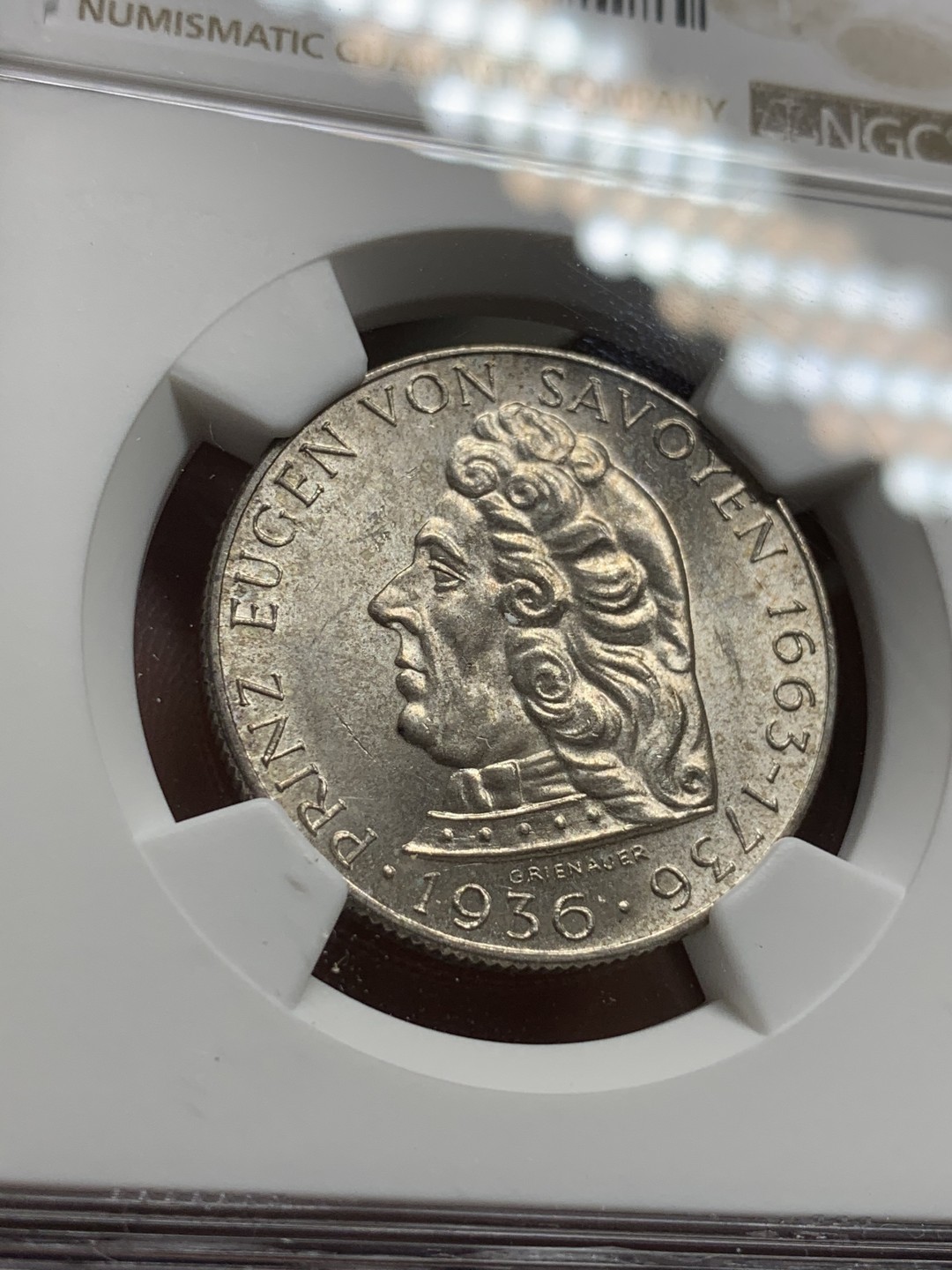 《竞宝斋》第75场-本周日，周一2场连拍（全场不限金额包邮） NGC MS-63 奥地利 1936年 欧根亲王 2先令 银币