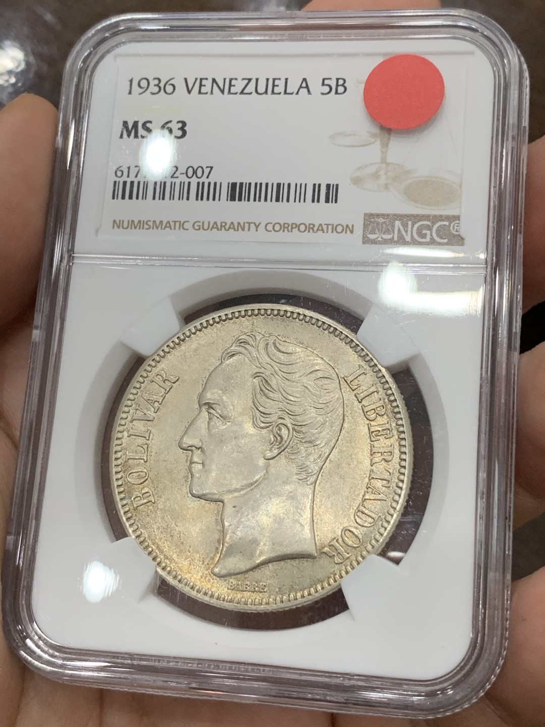 《竞宝斋》第75场-本周日，周一2场连拍（全场不限金额包邮） NGC-MS63 委内瑞拉 1936年 西蒙波立瓦 5B大银币 顶级品相 这品种平时多见XF品