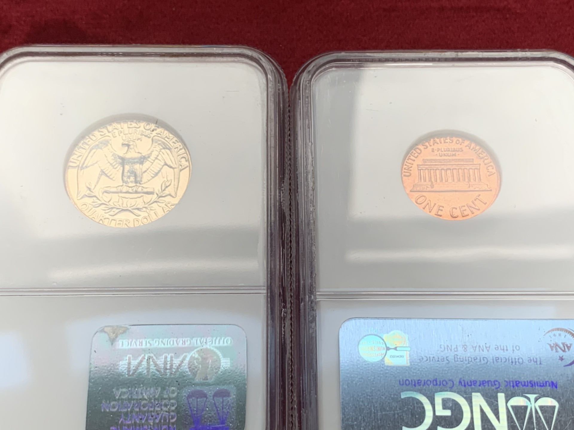 《竞宝斋》第75场-本周日，周一2场连拍（全场不限金额包邮） NGC高分老盒一对 MS65 漂亮国 1969S 1C + MS66 1966-SMS 25C 老盒严评高分难得！