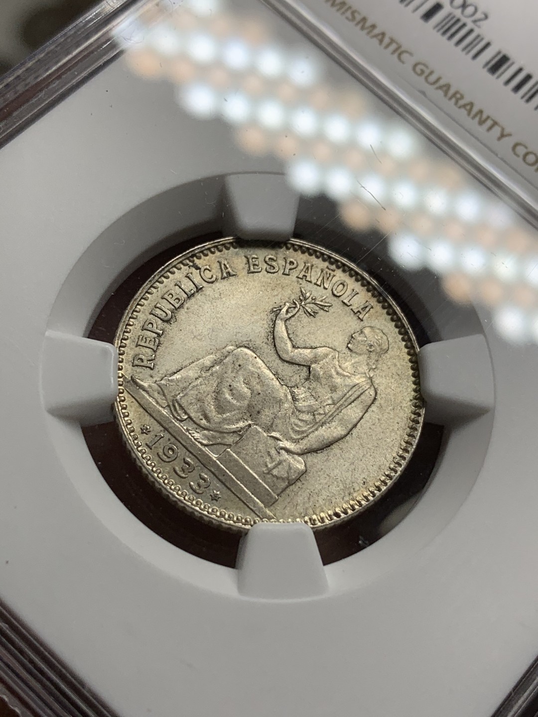 《竞宝斋》第75场-本周日，周一2场连拍（全场不限金额包邮） NGC MS-62 西班牙1933年 内战版1比塞塔 银币 内战时期唯一一款银币