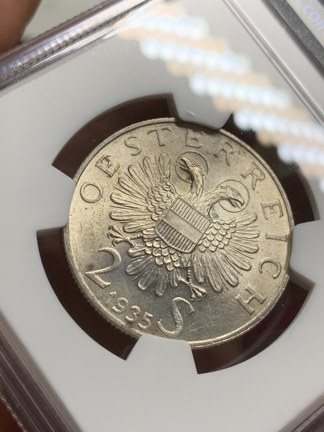 《竞宝斋》第75场-本周日，周一2场连拍（全场不限金额包邮） NGC MS63 奥地利 1935年 卡尔卢格纪念 2先令银币 不错的分数