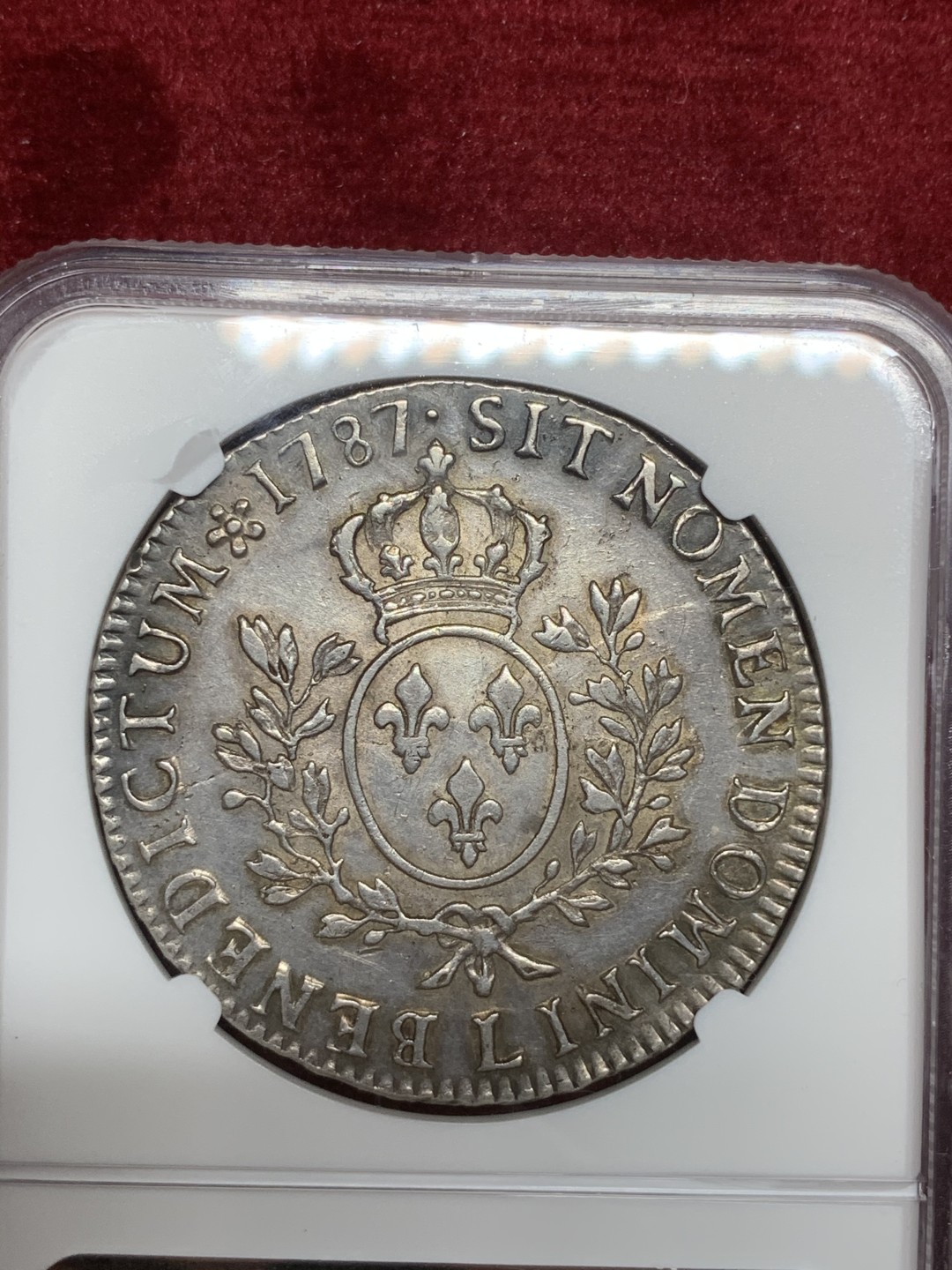 《竞宝斋》第75场-本周日，周一2场连拍（全场不限金额包邮）  NGC-AU 法国1787-L 路易十六 1ECU 大银币 稀少厂名 能上AU的非常难得 老包浆没给分很可惜