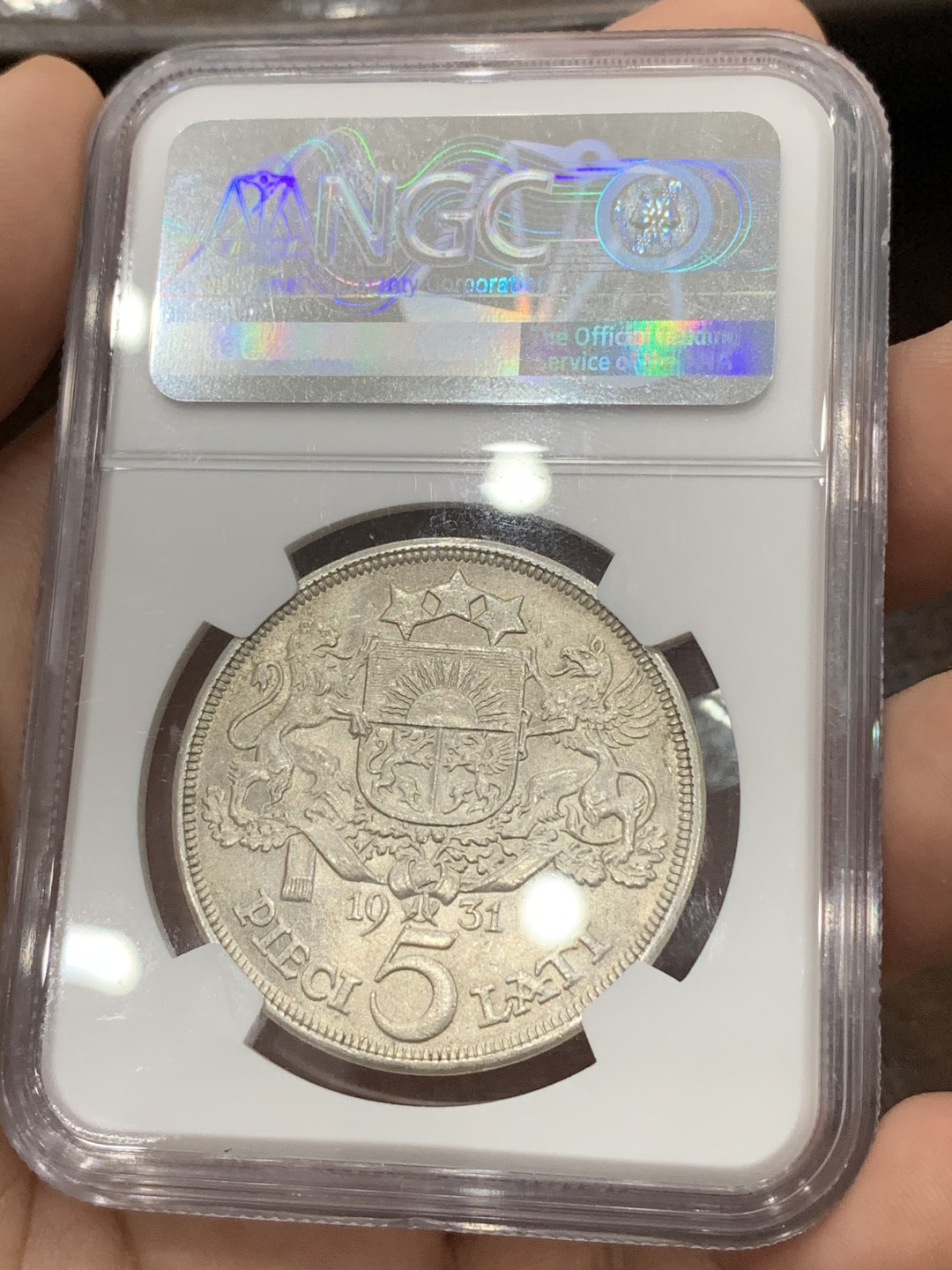 《竞宝斋》第75场-本周日，周一2场连拍（全场不限金额包邮） NGC-MS62 拉脱维亚1931年5拉特大银币 原光好品 近期暴涨品种