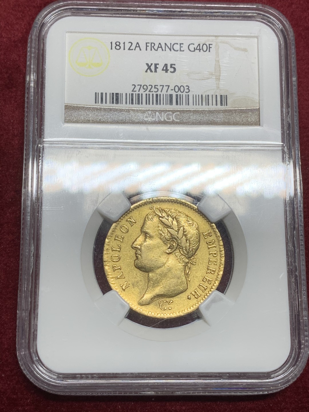 《竞宝斋》第75场-本周日，周一2场连拍（全场不限金额包邮） NGC XF45 1812年法国拿破仑一世40法郎金币 拿皇40F，价格一直在涨