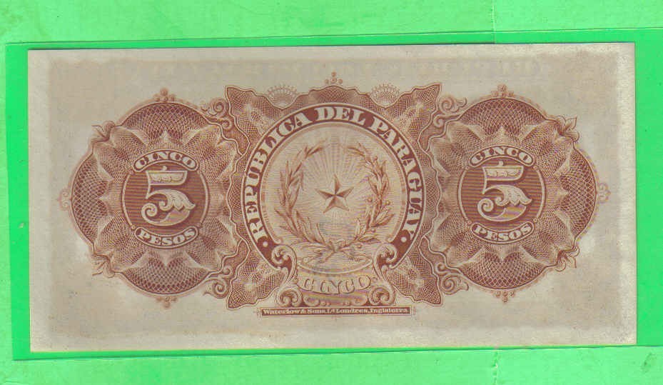 巴拉圭1907年5比索 A序列 克劳斯目录P-156 实物图 UNC    