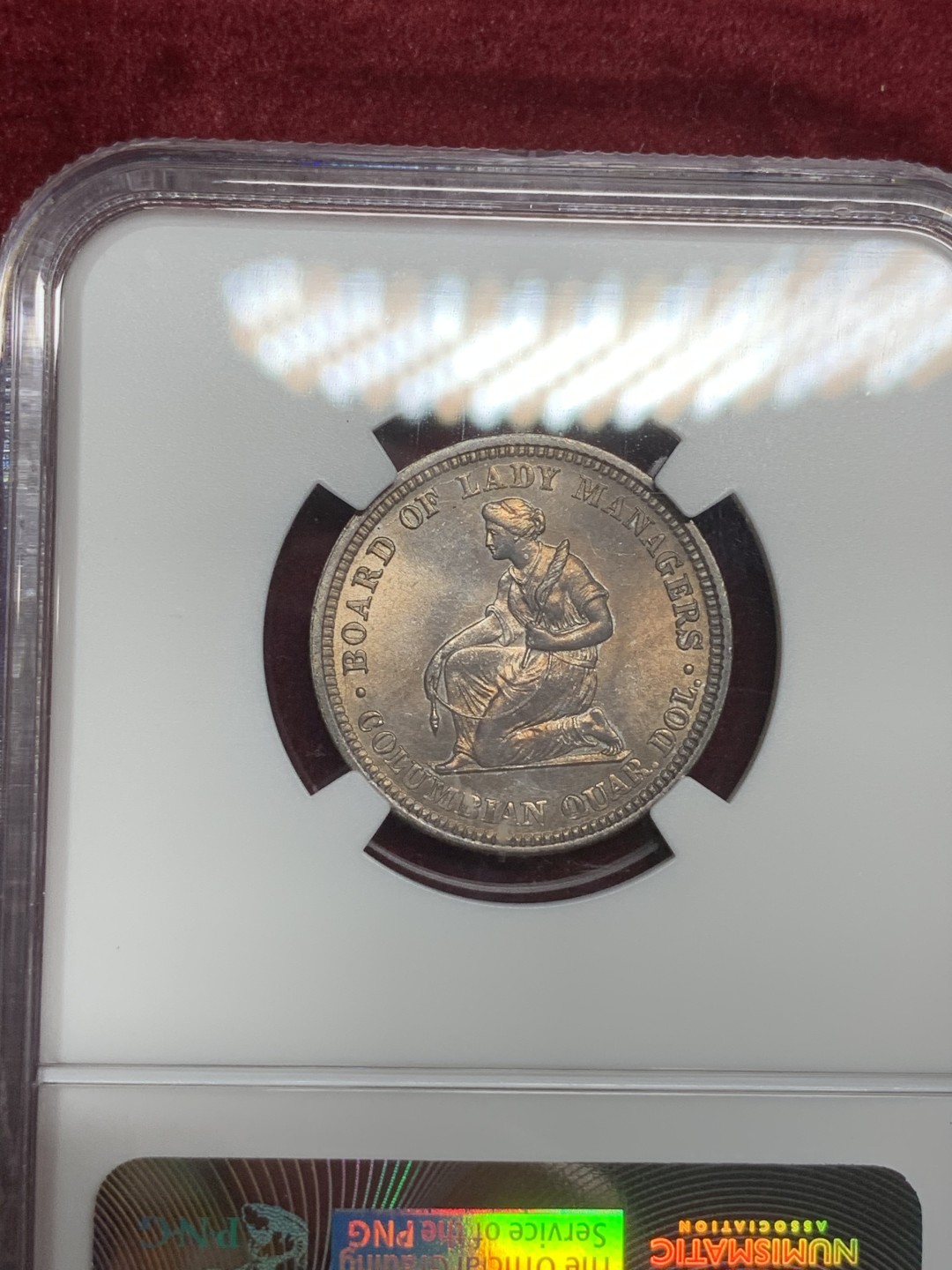 《竞宝斋》第75场-本周日，周一2场连拍（全场不限金额包邮） NGC MS62 原光五彩美国1893年伊莎贝拉25美分纪念银币