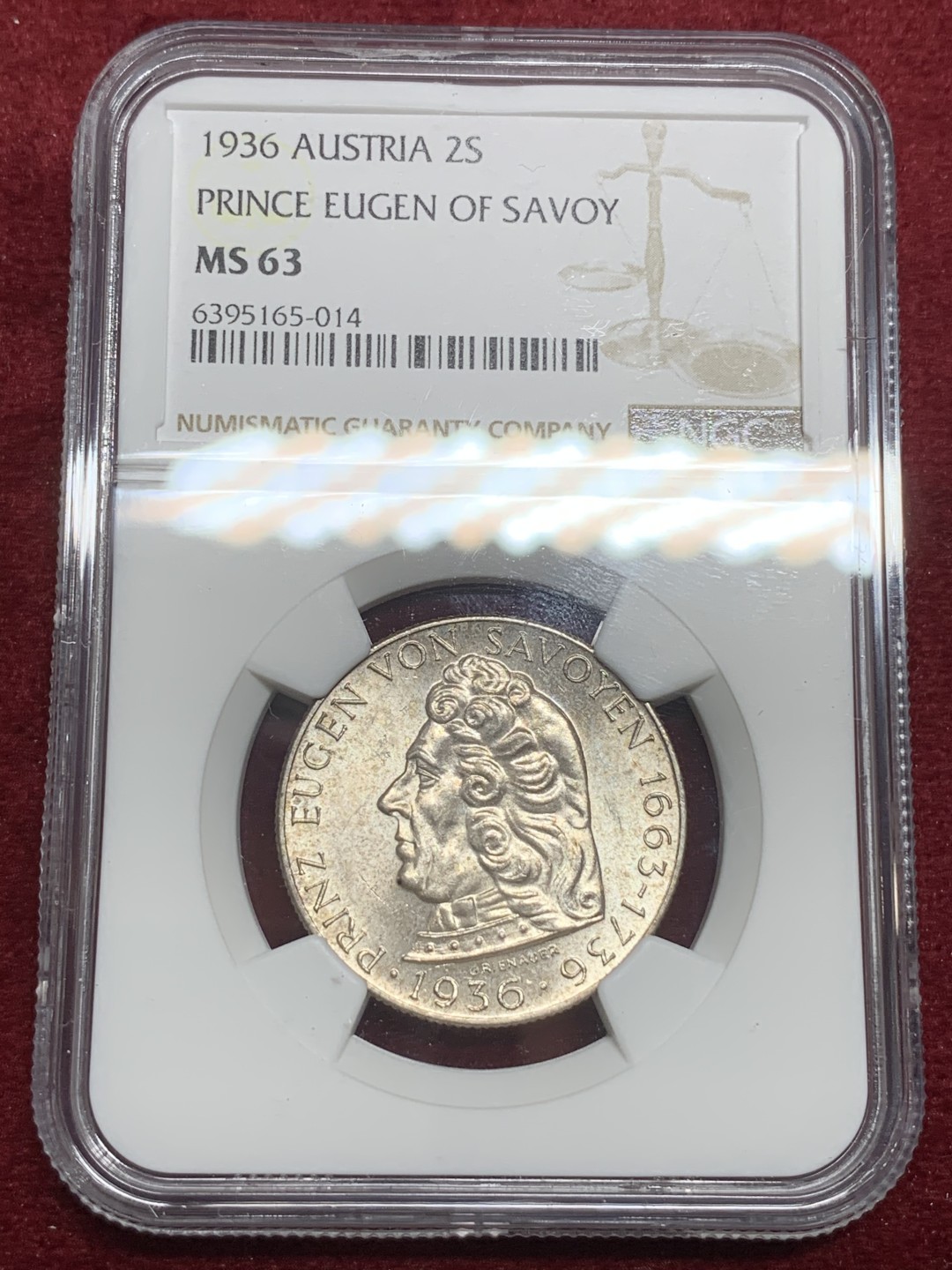 《竞宝斋》第75场-本周日，周一2场连拍（全场不限金额包邮） NGC MS-63 奥地利 1936年 欧根亲王 2先令 银币
