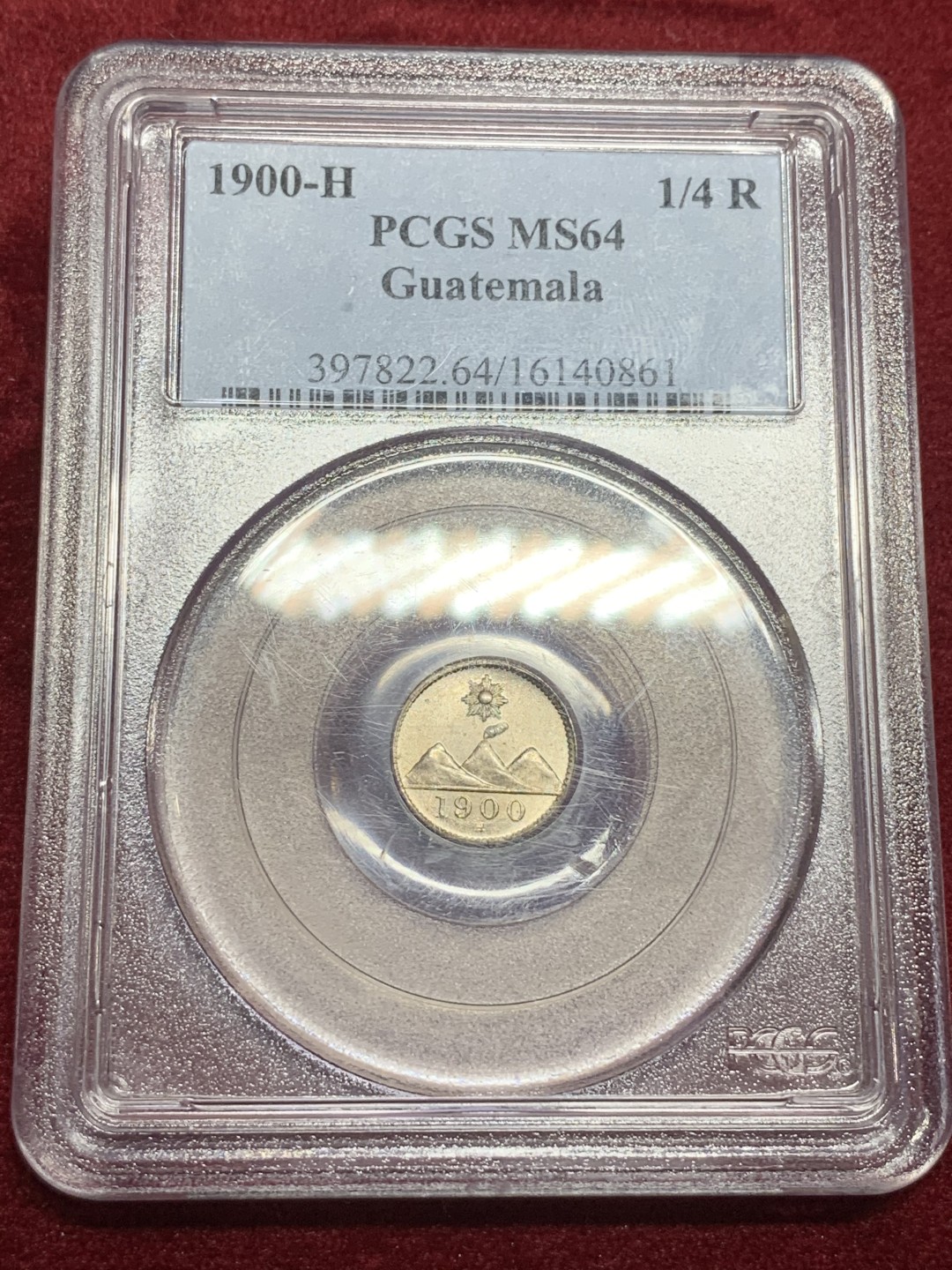 《竞宝斋》第75场-本周日，周一2场连拍（全场不限金额包邮） PCGS MS64 1900-H危地马拉1/4R小火山 少见版本