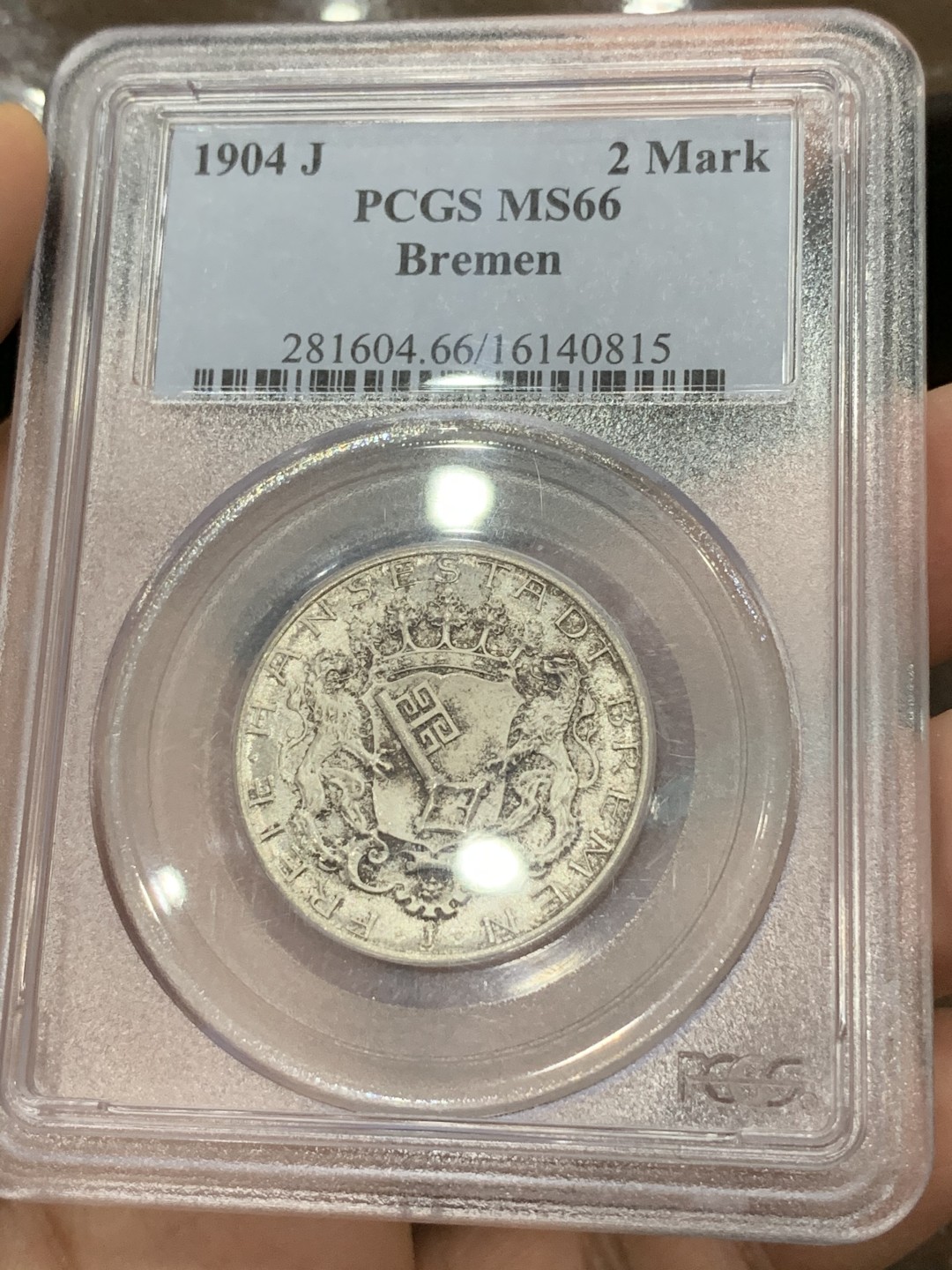 《竞宝斋》第75场-本周日，周一2场连拍（全场不限金额包邮） PCGS-MS66 不莱梅 1904J 2马克 收藏级精品马克自由市入门品种 不莱梅马克是热门 这枚状态极佳