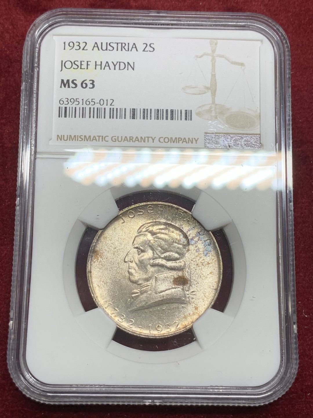 《竞宝斋》第75场-本周日，周一2场连拍（全场不限金额包邮） NGC MS-63 奥地利1932年 约瑟夫纪念 2先令银币 原光好品