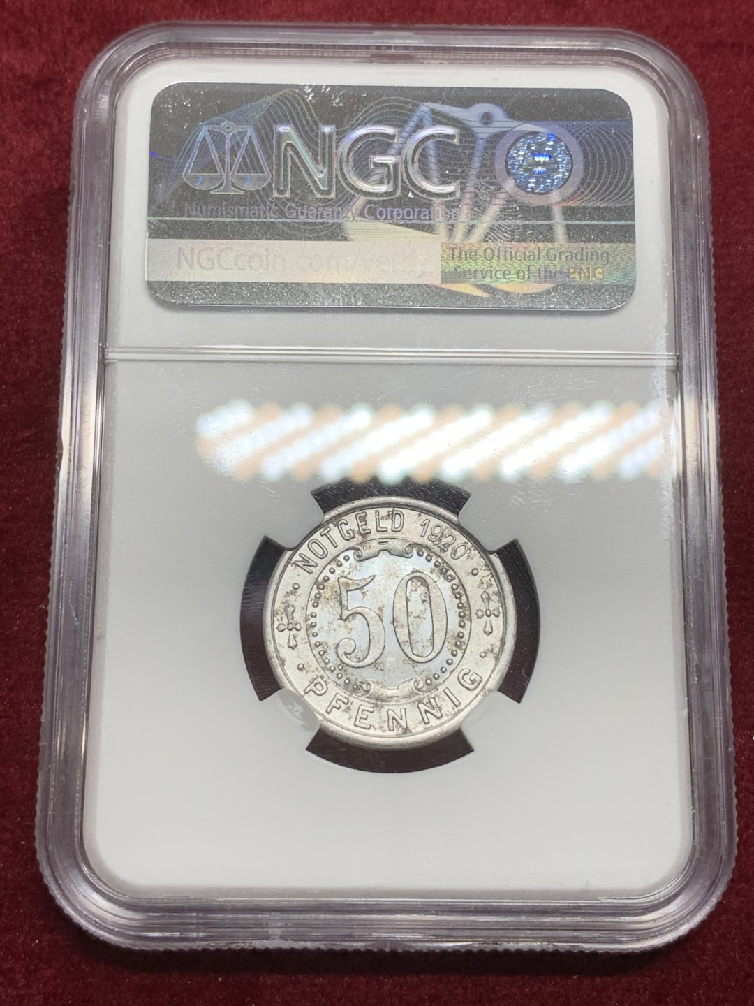 《竞宝斋》第75场-本周日，周一2场连拍（全场不限金额包邮） NGC MS62 德国 1919年 NGC 数据库仅3枚唯一亚军分  少见疑似标签错误，德紧大热门门登洞熊50芬尼铝币