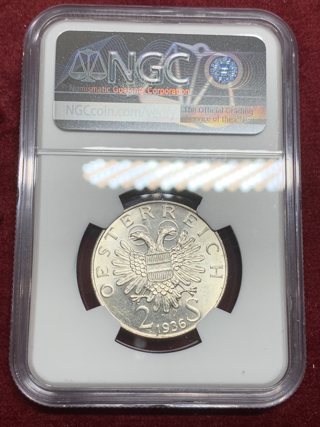 《竞宝斋》第75场-本周日，周一2场连拍（全场不限金额包邮） NGC MS-63 奥地利 1936年 欧根亲王 2先令 银币