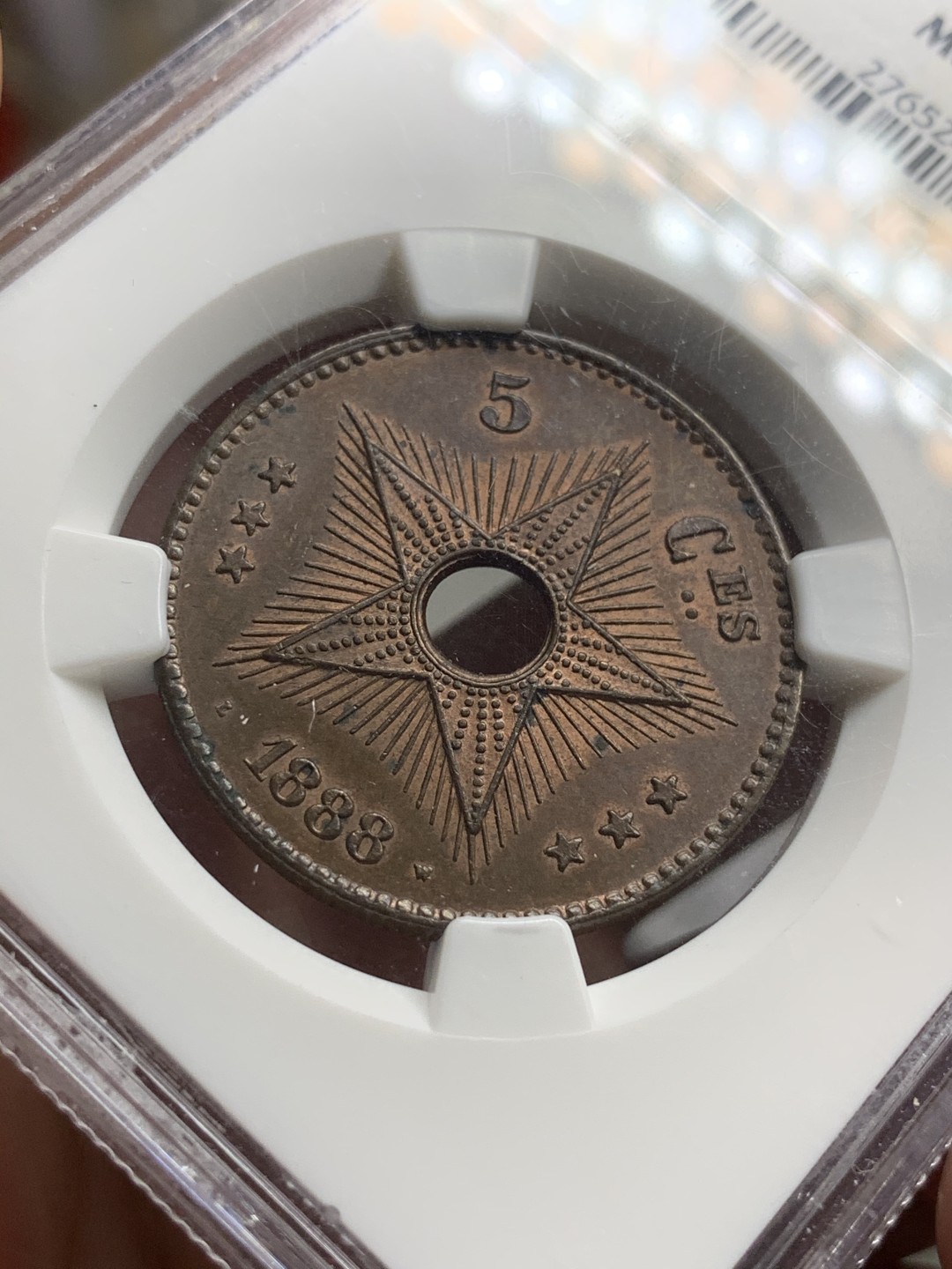 《竞宝斋》第75场-本周日，周一2场连拍（全场不限金额包邮） NGC-MS62 比属刚果 1888年 大五星 发财包浆发财年份 铜币