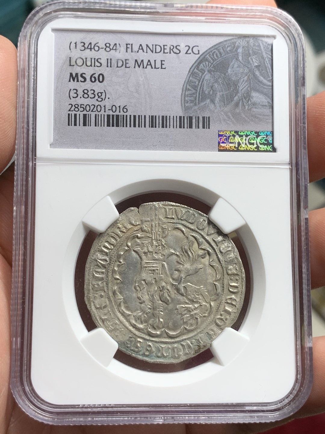 《竞宝斋》第75场-本周日，周一2场连拍（全场不限金额包邮） NGC-MS60 1346-1384比利时法兰德斯 2Gros银币 原味老包浆 打制深细节清晰 33mm 少见品种