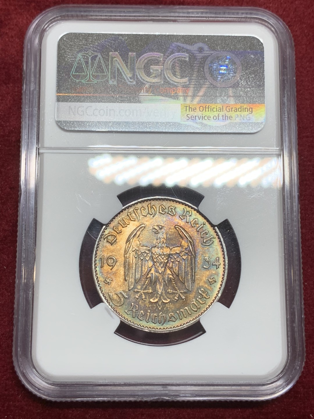 《竞宝斋》第75场-本周日，周一2场连拍（全场不限金额包邮） UNCD 德国 1934年 执政党周年纪念 教堂加字5马克银币 七彩包浆 转光好品 加字教堂较少见