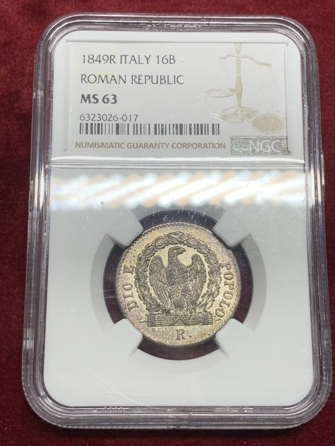 《竞宝斋》第75场-本周日，周一2场连拍（全场不限金额包邮） NGC MS63 意大利罗马共和国1849年16贝阿科银币 单年版，筋币