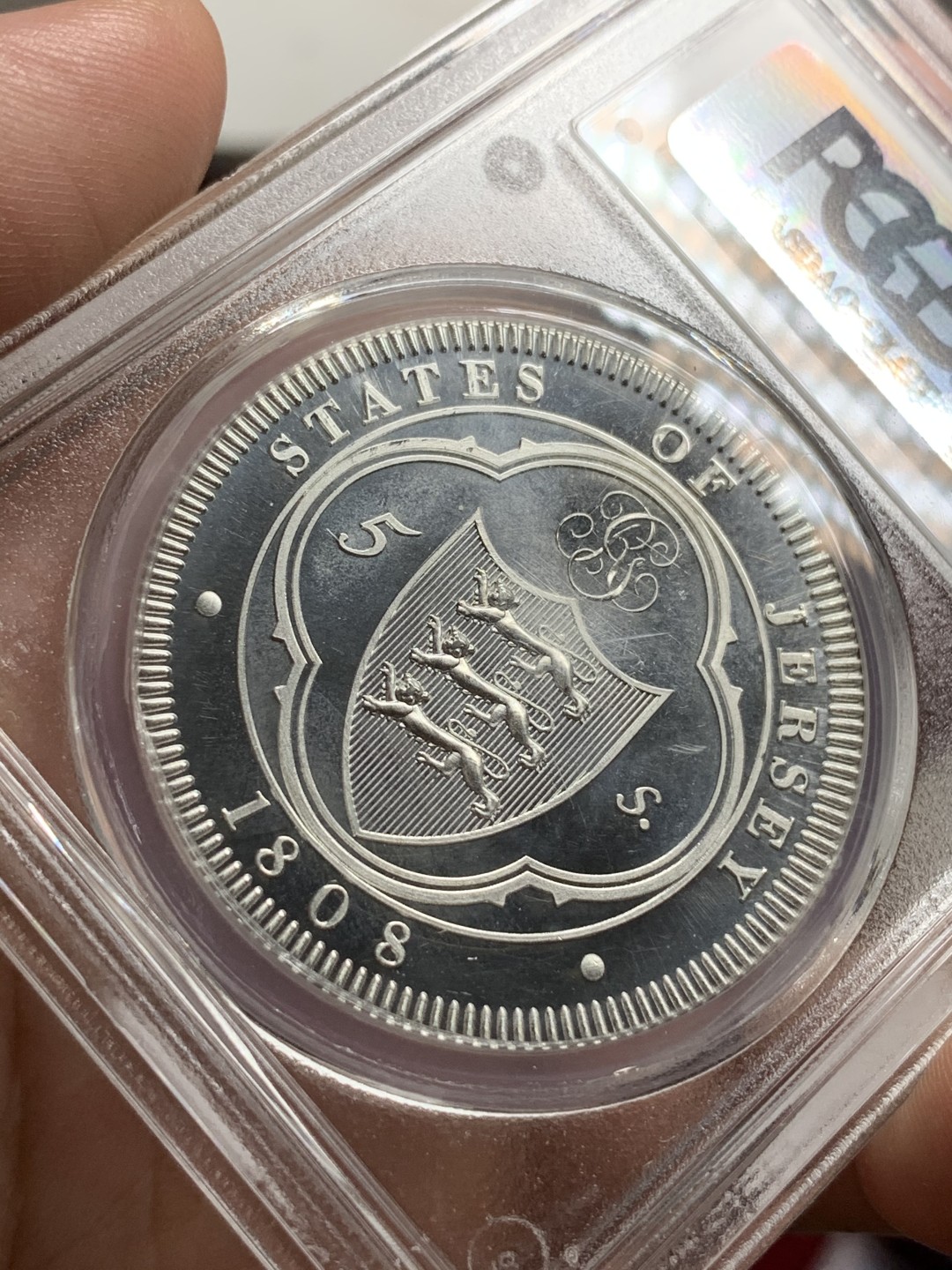 《竞宝斋》第75场-本周日，周一2场连拍（全场不限金额包邮） 英属泽西“1808”年乔治三世5先令 后铸版，PCGS-PR65CAM，季军分，上面只有2个67，一个66。