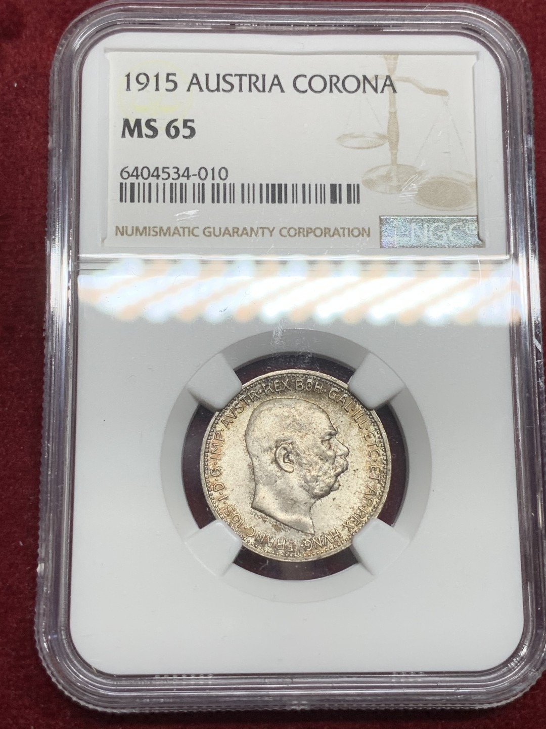 《竞宝斋》第75场-本周日，周一2场连拍（全场不限金额包邮） NGC-MS65 奥地利1915年 佛朗茨 1克朗银币 一流包浆 顶级状态